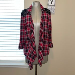 Democracy open front plaid shirt, size L, EUC
